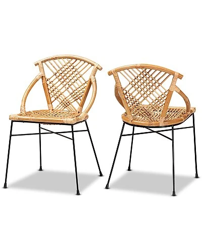 Baxton Studio Pro Modern Bohemian Rattan And Black Metal 2-Piece Dining Chair Set Home