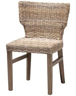 Baxton Studio Enver Modern Bohemian Grey Rattan And Brown Wood 2-Piece Dining Chair Set Home