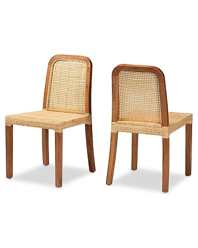 Baxton Studio Caspia Wood And Natural Rattan 2pc Dining Chair Set Home