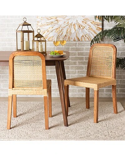 Baxton Studio Caspia Wood And Natural Rattan 2pc Dining Chair Set Home - Image 2