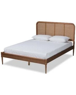 Baxton Studio Elston Mid-Century Modern Walnut Brown Finished Wood & Synthetic Rattan King Size Platform Bed Home