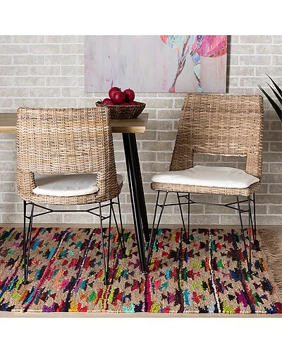 Baxton Studio Nafaro Modern Bohemian Natural Rattan Metal Dining Chair With Cushion 2Pc Set Home - Image 2