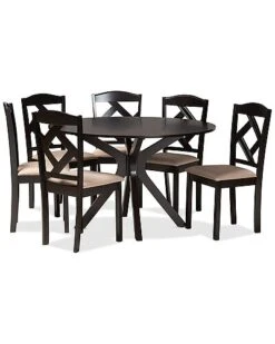 Baxton Studio Carlin Sand Fabric Upholstered & Dark Brown Finished Wood 7-Piece Dining Set Home
