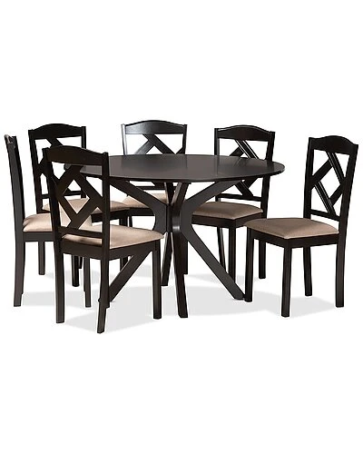 Baxton Studio Carlin Sand Fabric Upholstered & Dark Brown Finished Wood 7-Piece Dining Set Home