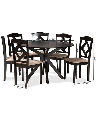 Baxton Studio Carlin Sand Fabric Upholstered & Dark Brown Finished Wood 7-Piece Dining Set Home - Image 2