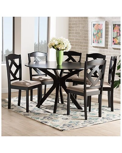 Baxton Studio Carlin Sand Fabric Upholstered & Dark Brown Finished Wood 7-Piece Dining Set Home - Image 7
